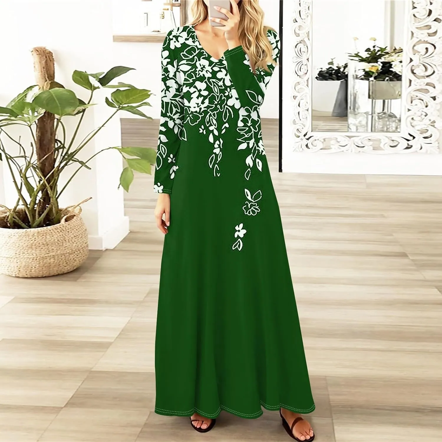 ZEFOTIM Long Sleeve Maxi Dress for Women Floral/Solid Dress Summer Dresses Long Dresses V Neck Dresses Spring Dress