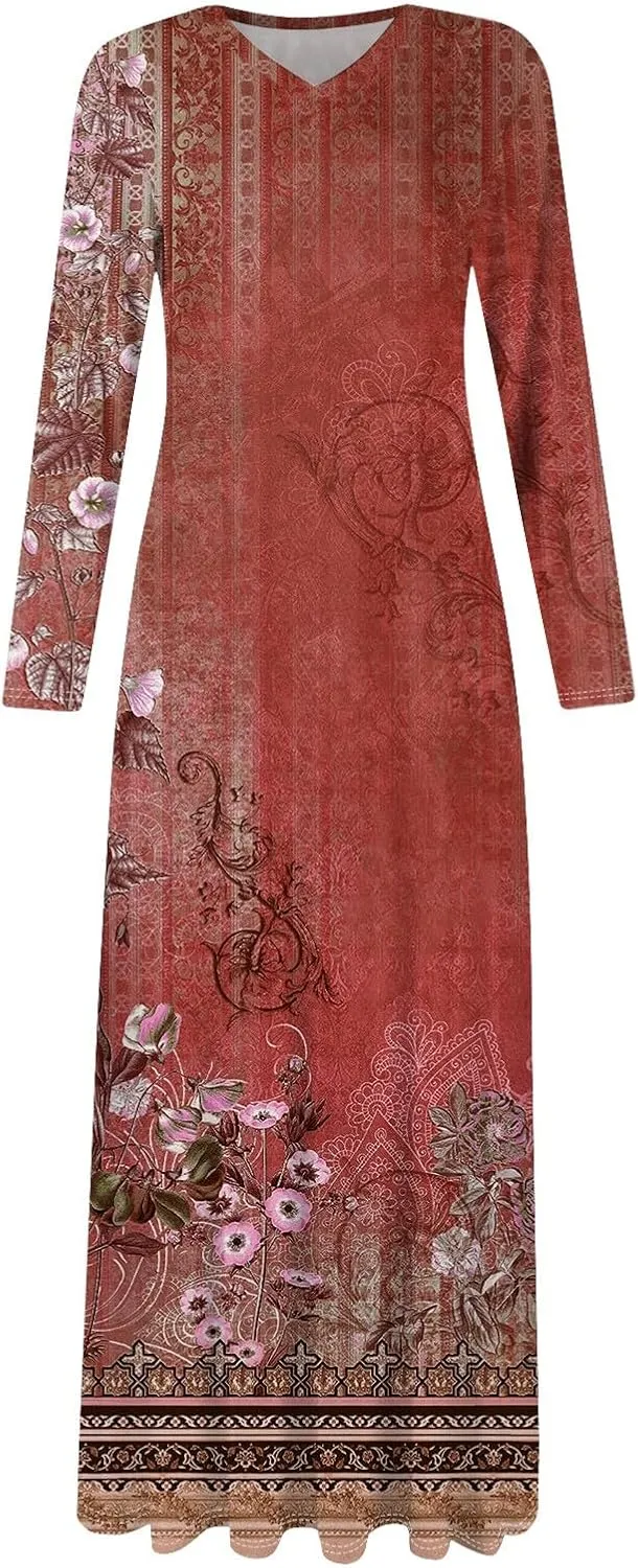 ZEFOTIM Long Sleeve Maxi Dress for Women Floral/Solid Dress Summer Dresses Long Dresses V Neck Dresses Spring Dress