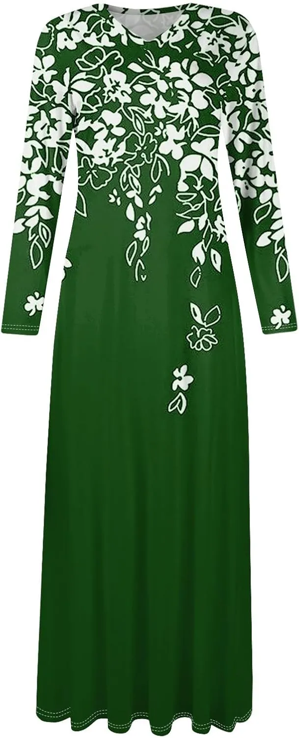 ZEFOTIM Long Sleeve Maxi Dress for Women Floral/Solid Dress Summer Dresses Long Dresses V Neck Dresses Spring Dress