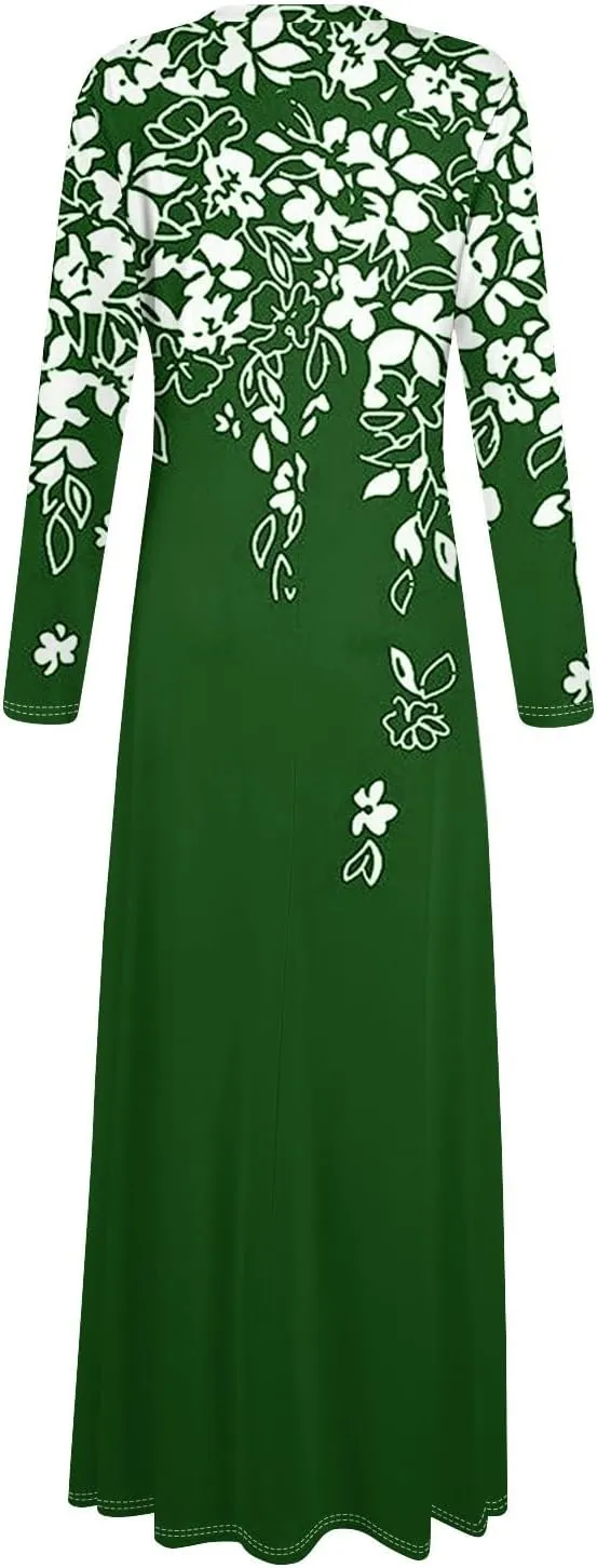 ZEFOTIM Long Sleeve Maxi Dress for Women Floral/Solid Dress Summer Dresses Long Dresses V Neck Dresses Spring Dress