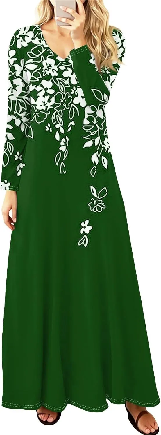 ZEFOTIM Long Sleeve Maxi Dress for Women Floral/Solid Dress Summer Dresses Long Dresses V Neck Dresses Spring Dress