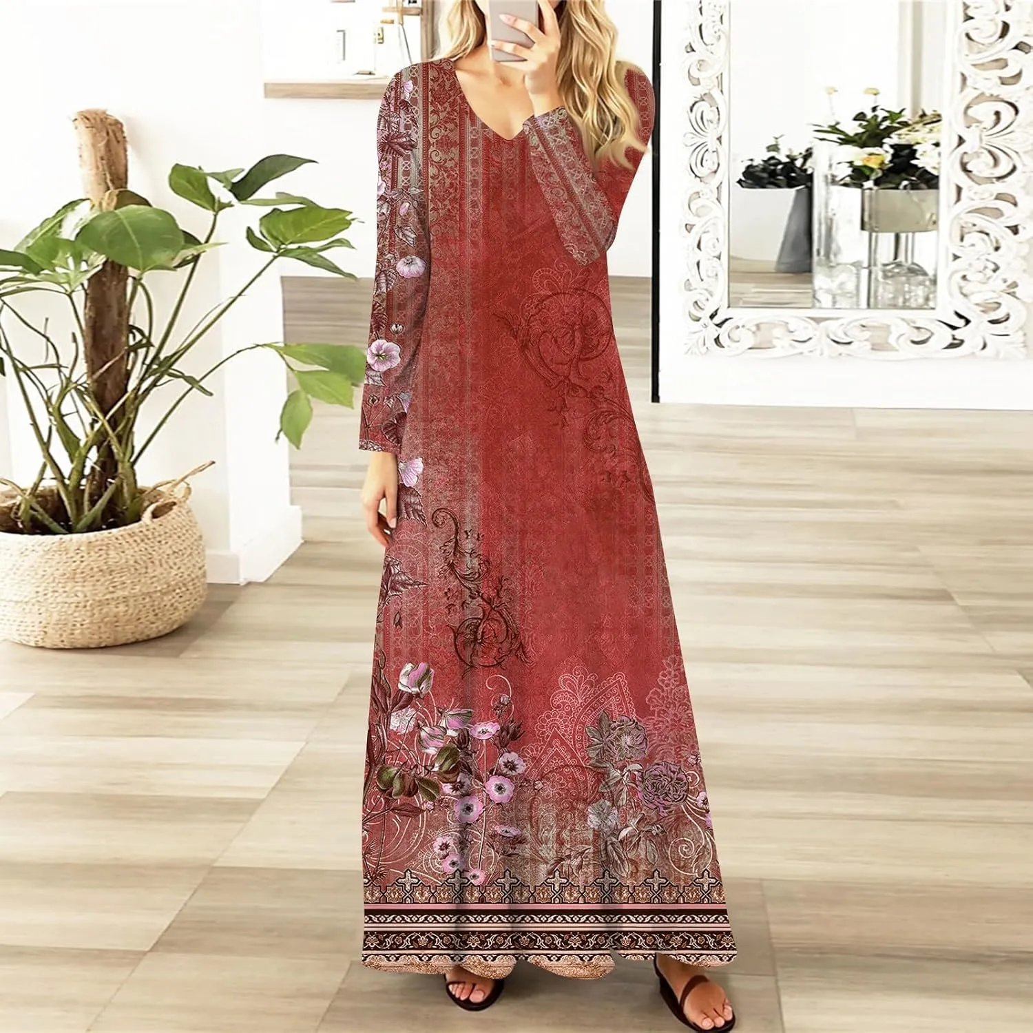 ZEFOTIM Long Sleeve Maxi Dress for Women Floral/Solid Dress Summer Dresses Long Dresses V Neck Dresses Spring Dress
