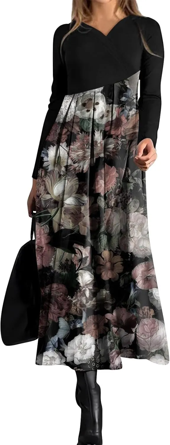 ZEFOTIM Long Sleeve Maxi Dress for Women Womens Floral Camo Dress Spring Summer Dress Long Dresses V Neck Spring Dress