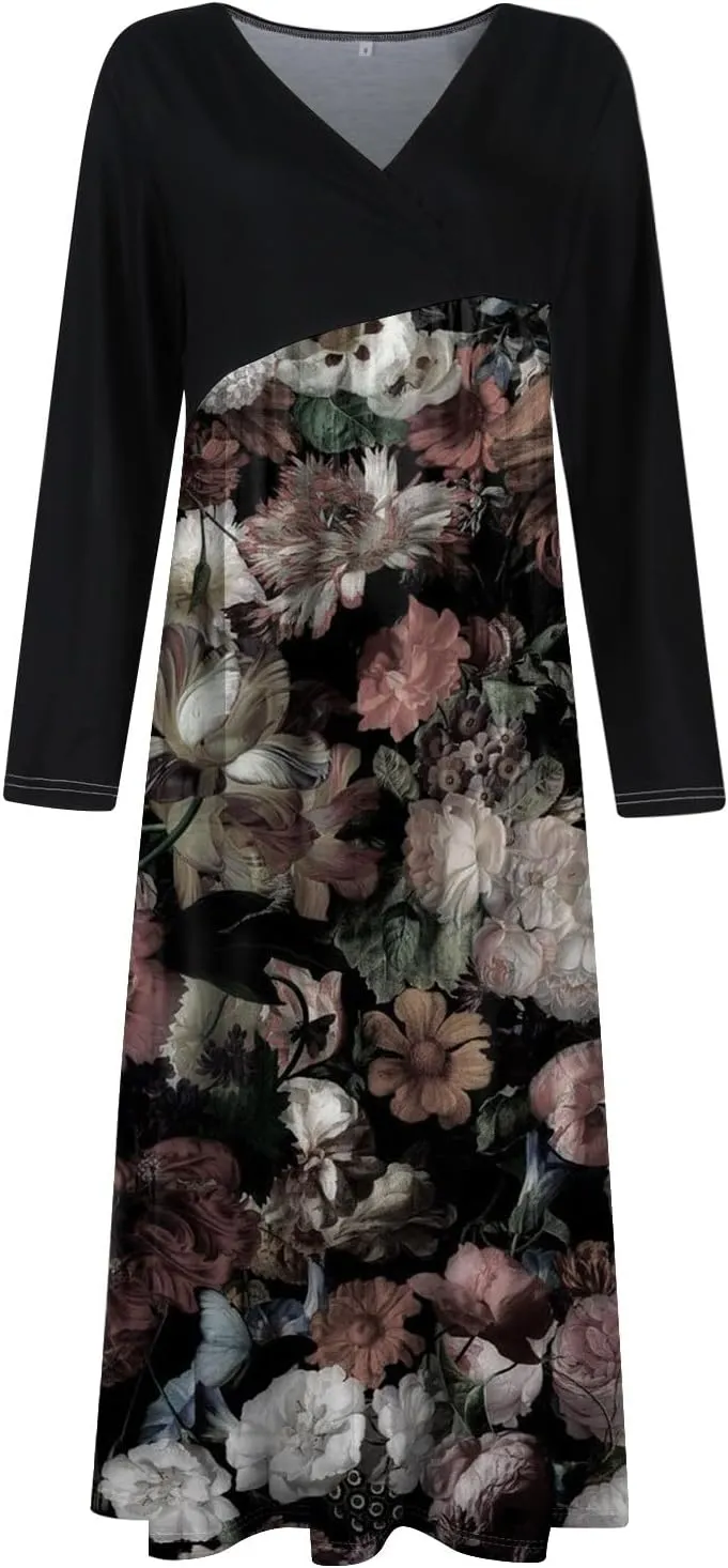 ZEFOTIM Long Sleeve Maxi Dress for Women Womens Floral Camo Dress Spring Summer Dress Long Dresses V Neck Spring Dress