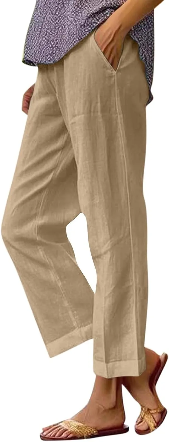 ZOCAVIA Womens Capris Pants Summer Cotton Linen High Waist Baggy Pants Comfy Casual Lightweight Trousers with Pockets