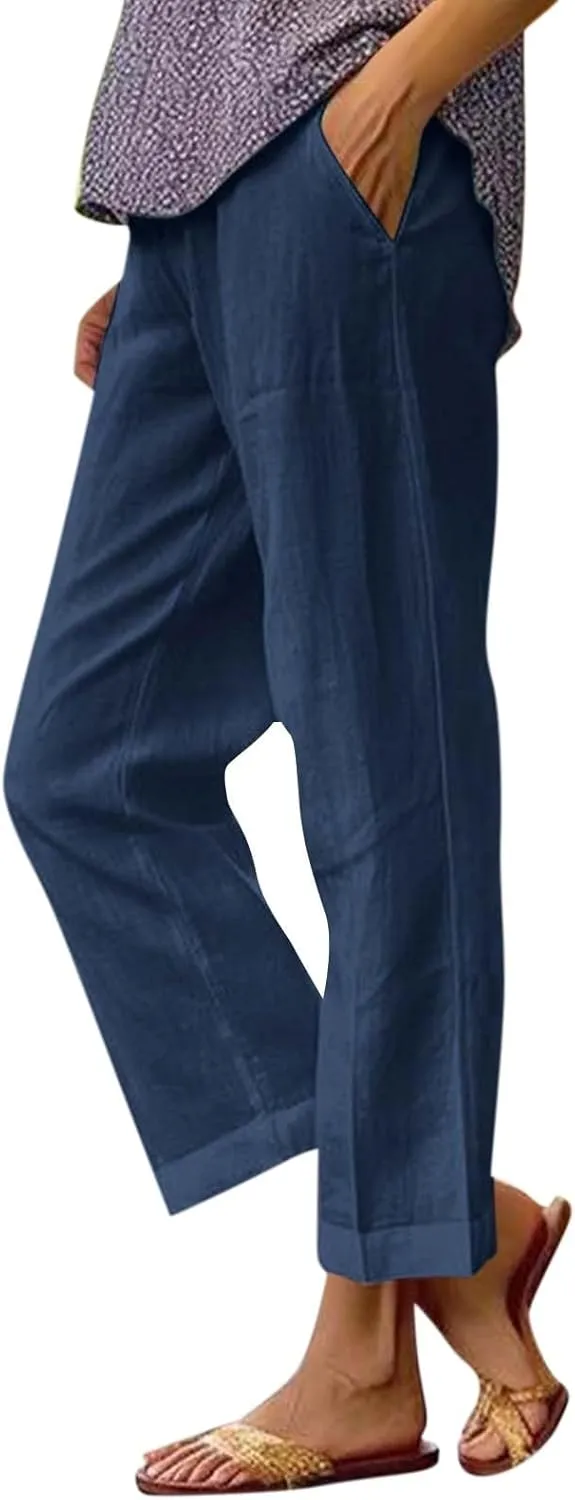ZOCAVIA Womens Capris Pants Summer Cotton Linen High Waist Baggy Pants Comfy Casual Lightweight Trousers with Pockets