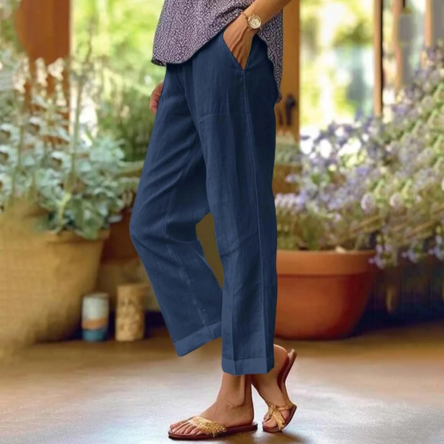 ZOCAVIA Womens Capris Pants Summer Cotton Linen High Waist Baggy Pants Comfy Casual Lightweight Trousers with Pockets