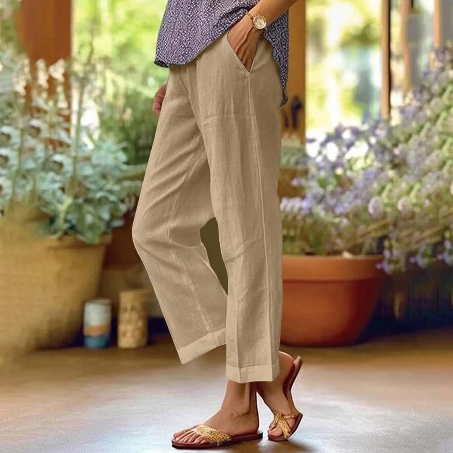 ZOCAVIA Womens Capris Pants Summer Cotton Linen High Waist Baggy Pants Comfy Casual Lightweight Trousers with Pockets