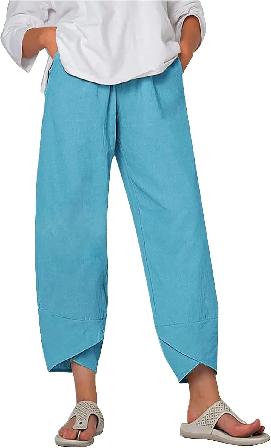 ZOCAVIA Women's Cotton Linen Casual Summer Capri Pants Cropped Comfy Baggy Trousers with Pockets Palazzo Lounge Pants
